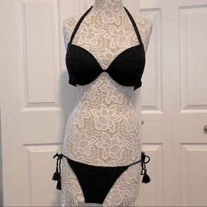 Victoria’s Secret bikini (M) and top (36C) padded push-up crochet black swimsuit